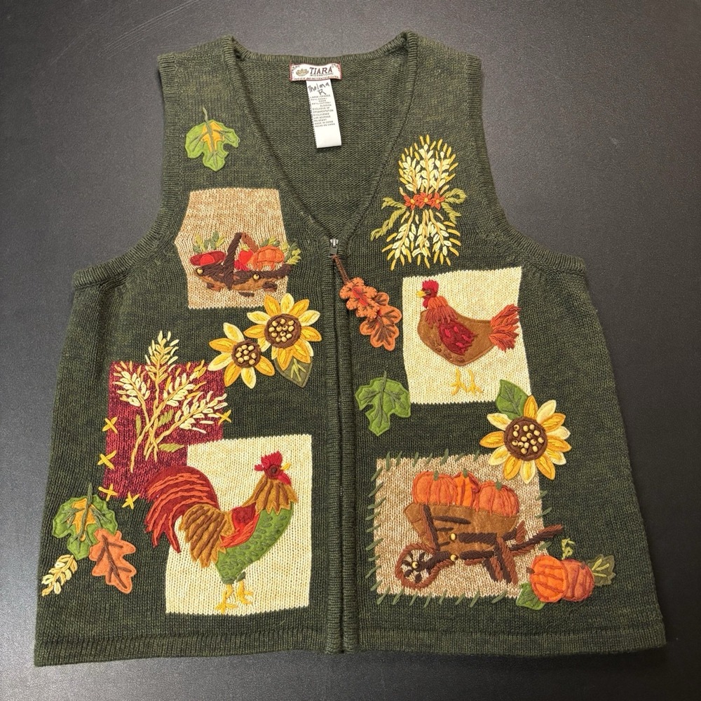 Vintage Tiara International Harvest Sweater Vest Zip Embroidered Cottagecore L - Picture 1 of 12